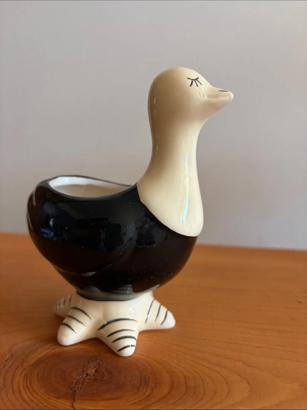 Ceramic Black and Cream Duck Figurine Planter